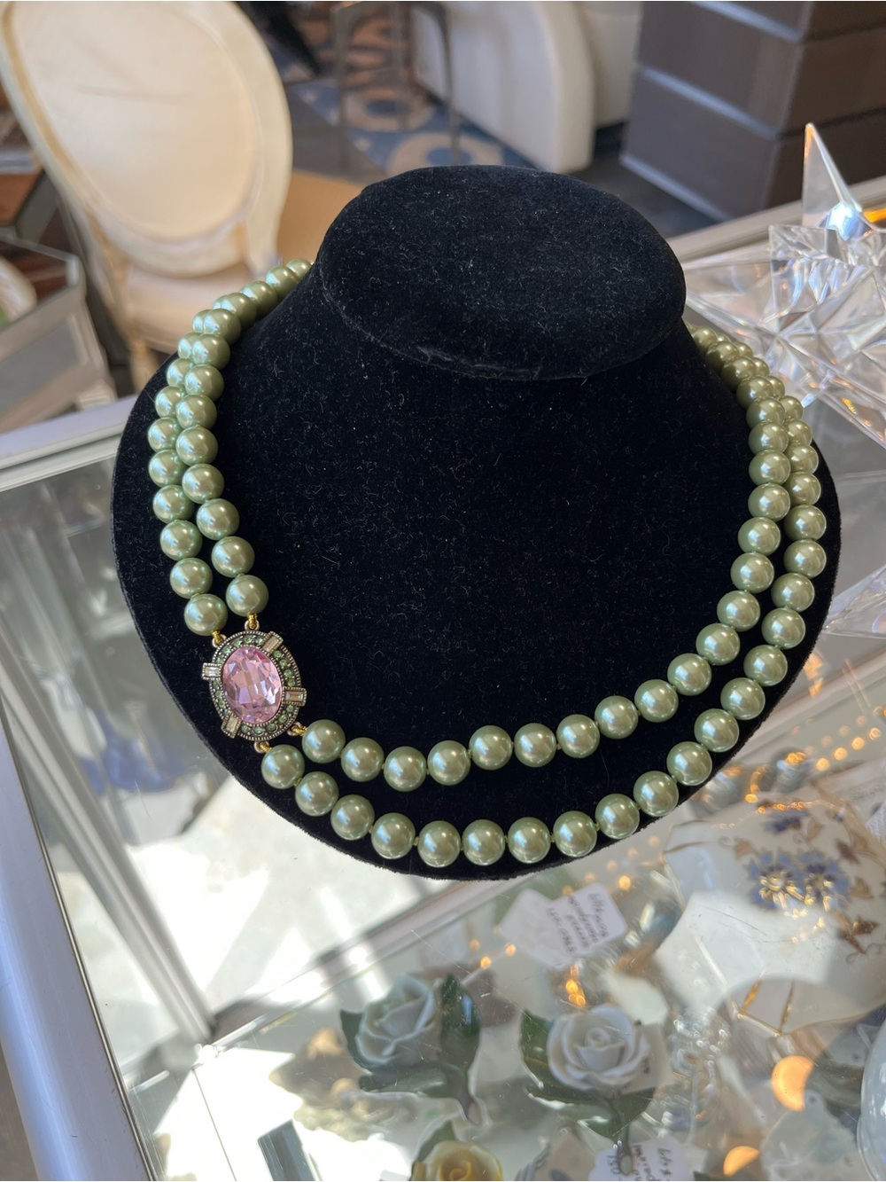 Heidi Daus Double Strand Green Pearl with Pink Crystal Statement Necklace